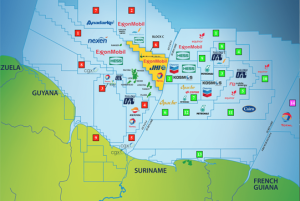 Mapa de campos petrolíferos marinos frente a la costa de Guyana.