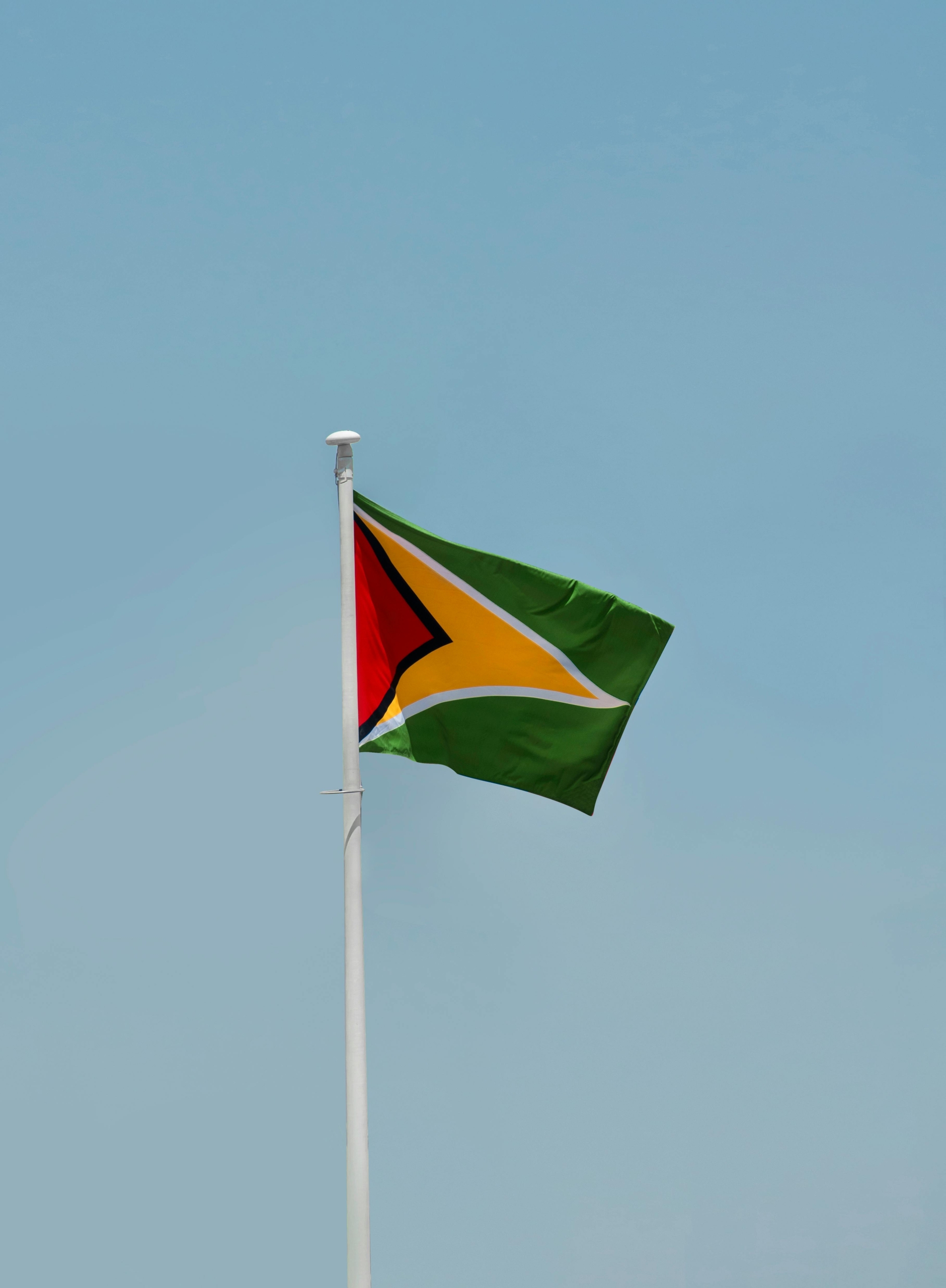 Guyana flag on pole against blue sky background; Guyana Part Two