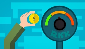 cartoon meter reading "risk" with colors green, orange, red and a hand holding a coin