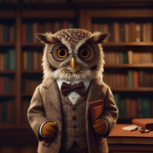 image of an owl wearing a suit in a library; wise owl