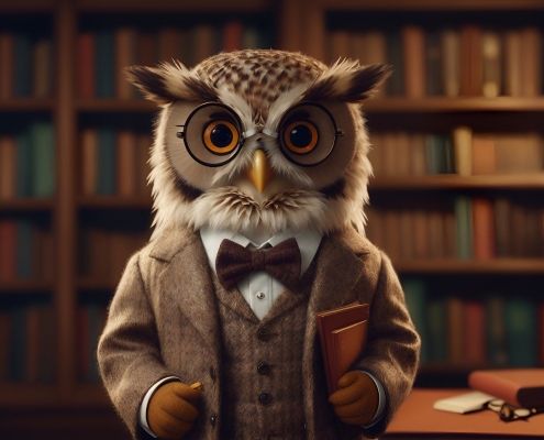 image of an owl wearing a suit in a library; wise owl