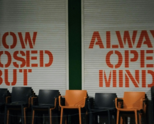 image of storefront with "no closed but" "always open minded" written on it; Soft Skills Matter: Flexibility