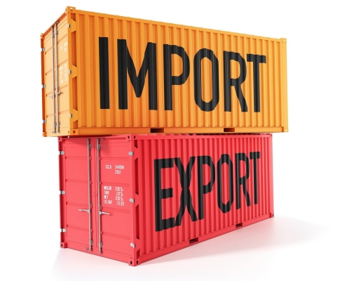 cargo containers with "import" "export" written on them