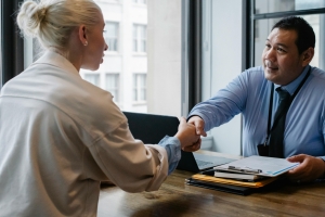 man and woman shaking hands across a desk; Beyond Expectations