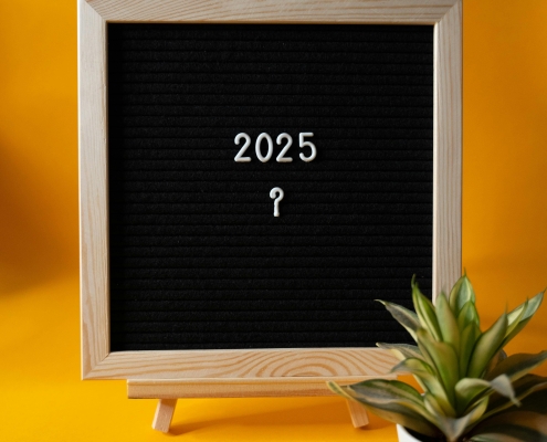 Black board with white frame and white numbers 2025 and question mark; what will the new year bring