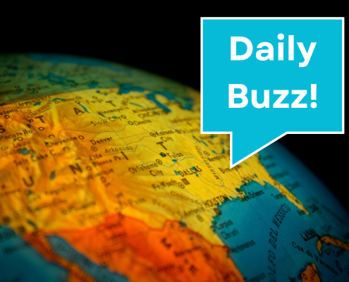 close up of United States on a colorful globe with a speech bubble to the top right and the words Daily Buzz!