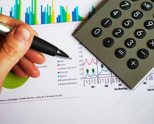 charts and graphs on white background with calculator on top, man's hand holding pen on top; Hedging 301: financial options