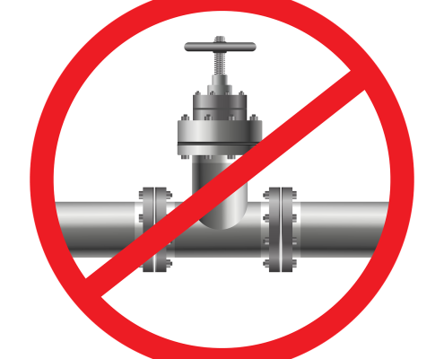 image of gas pipeline valve against white background in red circle with red line through it; Ukraine Russia natural gas