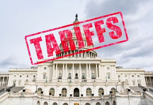 image of the US capitol building with the word "tariffs" in red stamped across it: tariffs