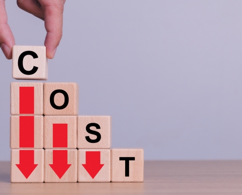 blocks stacked in descending order like stair steps; the words cost descending stairs on the blocks with red arrows pointing down; Hedging 301 - Financial options - how they are used